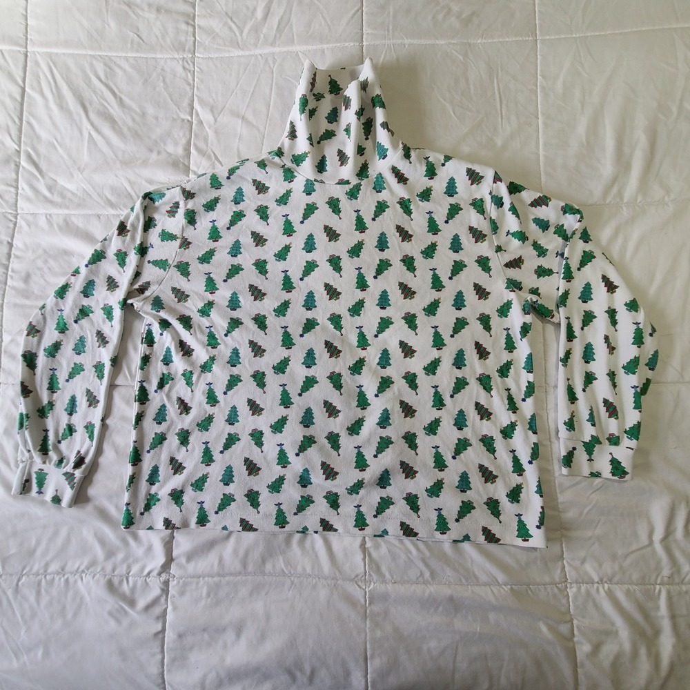 XL Long Sleeve Mock Neck Shirt All Over Holiday Print Christmas Tree‎ Xmas